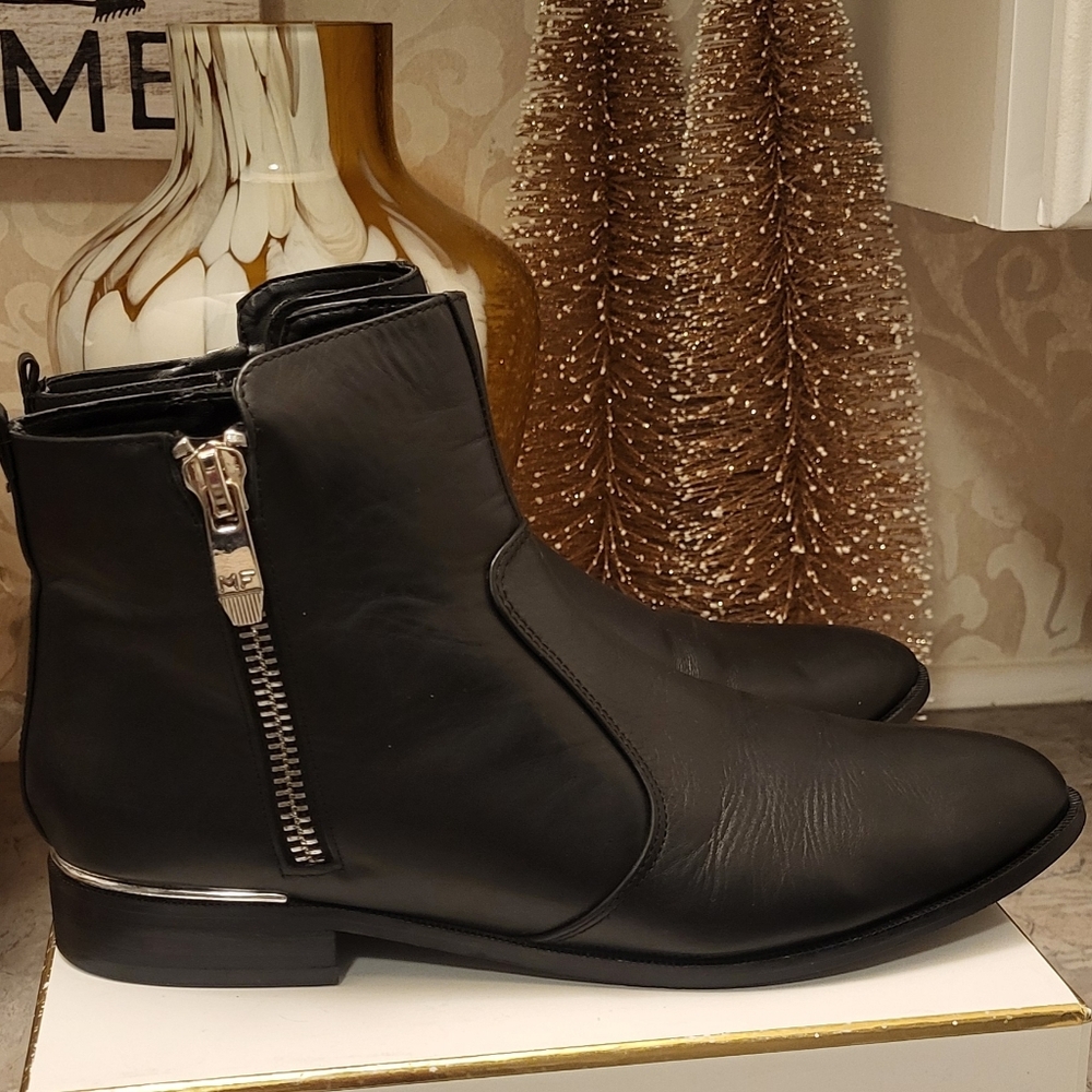 Marc Fisher Black Leather Ankle Boots with Silver Zipper